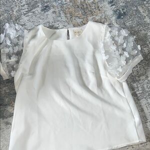 Line & Dot White Blouse with Sheer Floral Sleeves